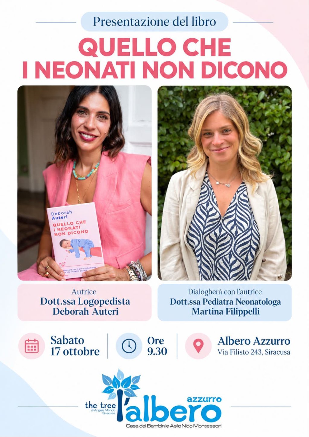 Manifesto di presentazione di un libro su neonati, con foto di due donne e dettagli dell'evento