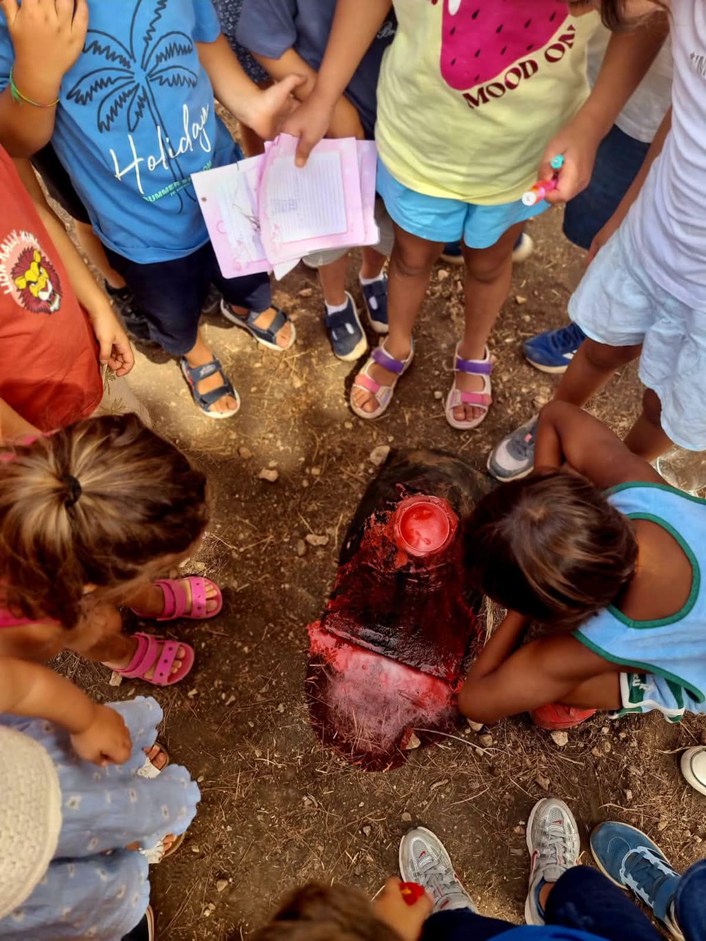 Bambini intorno a un oggetto rosso sul terreno, uno scrive su fogli