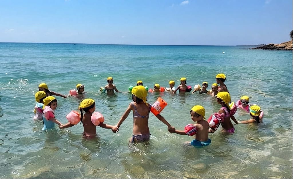 Gruppo di bambini con cappelli da nuoto e bracciali in acqua, tenendosi per mano