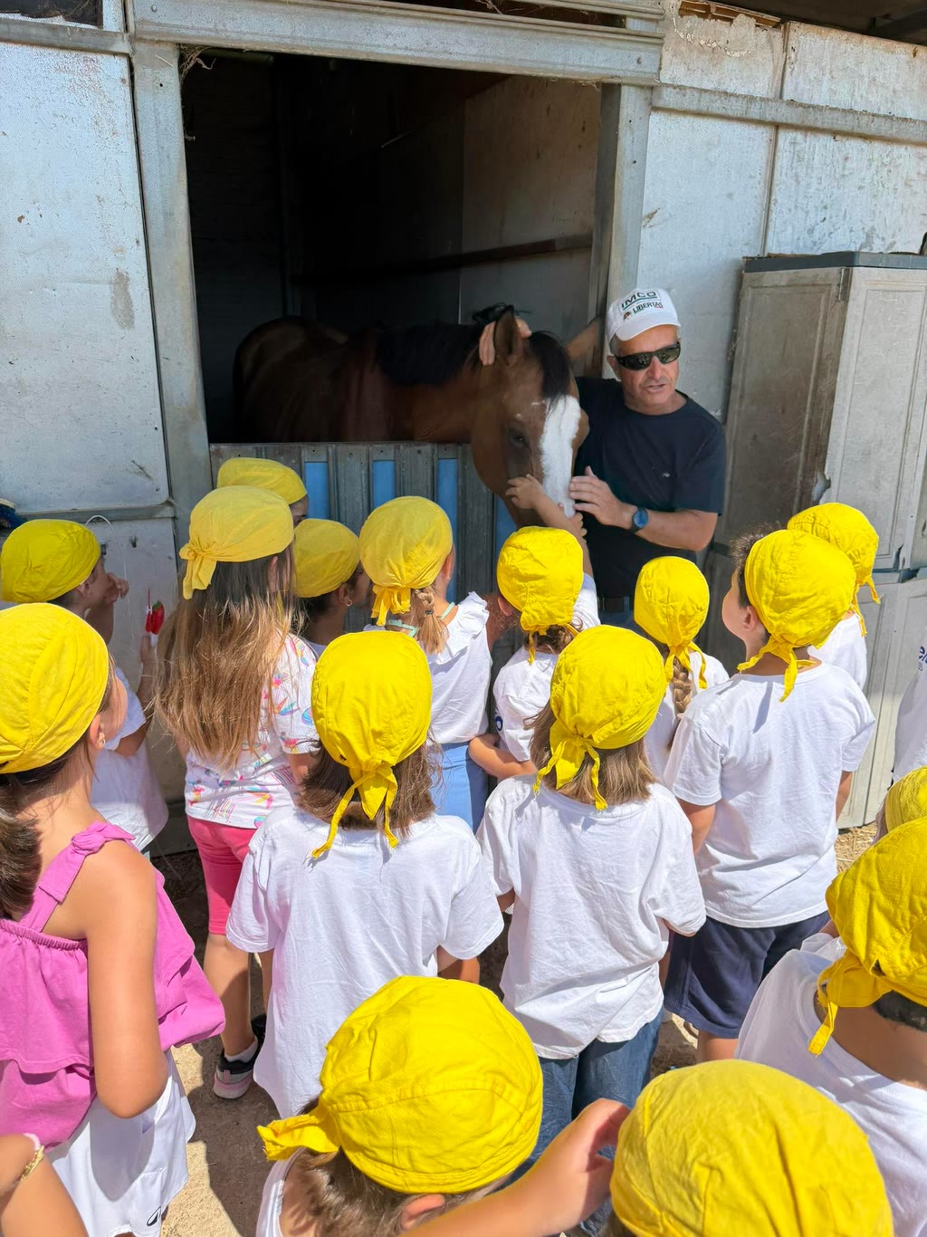 Un gruppo di bambini con cappelli gialli osserva un uomo accarezzare un cavallo in una stalla