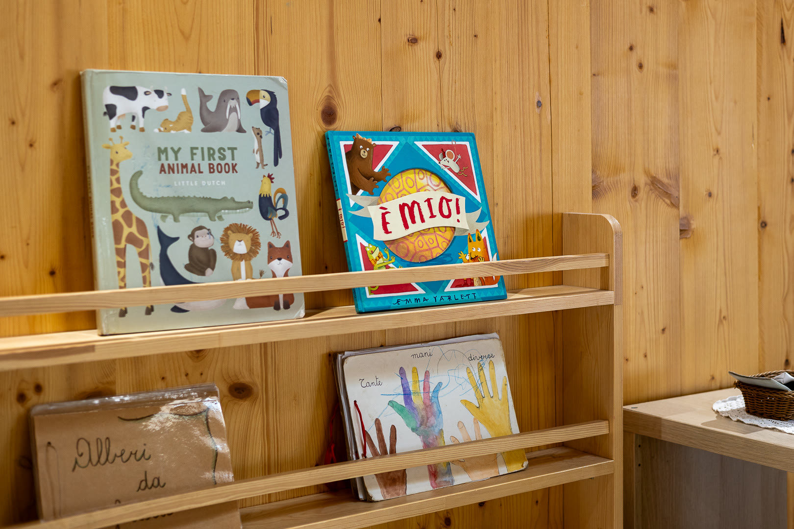 Mensola bassa con libri illustrati per bambini, esposti di copertina.
