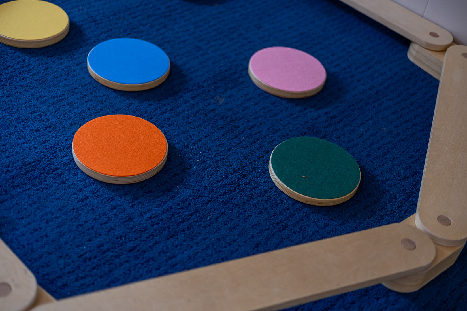 Dischi di legno colorati appoggiati su un vassoio con il fondo blu.